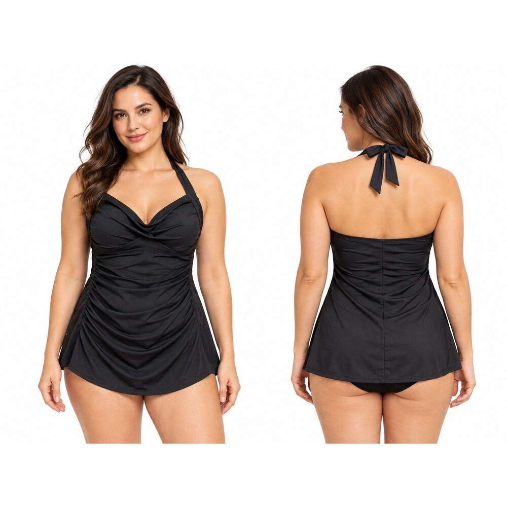 Jantzen Women’s Size 12 Black One Piece Swimdress Swimsuit Ruched Draped